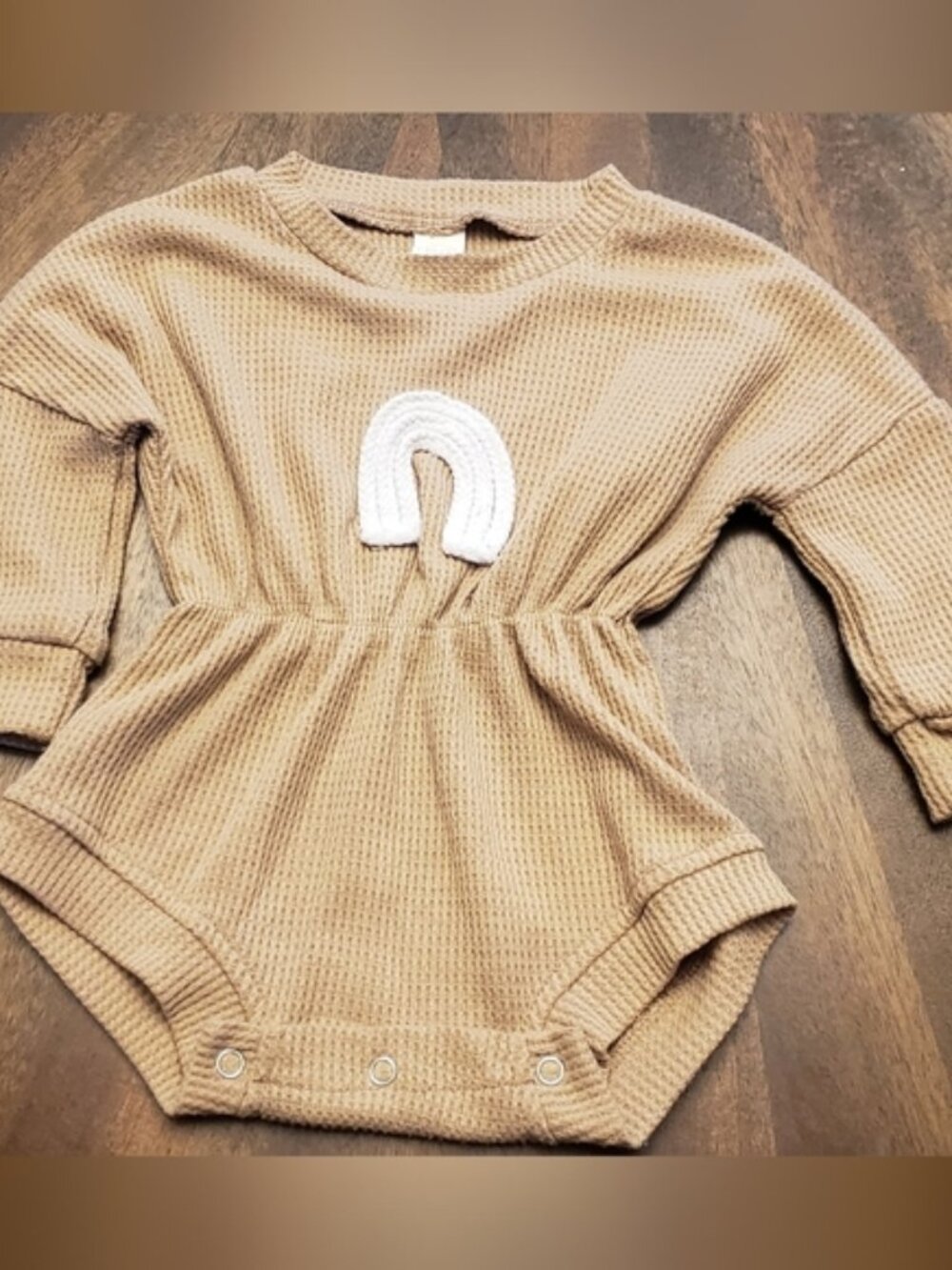 Tan Waffle Pattern Baby Romper with White Rainbow Design Size 12-18 Months